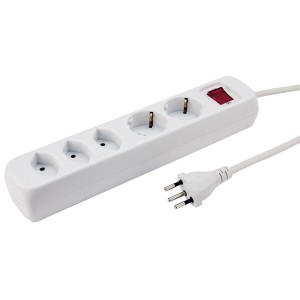 Weisse Power Easy Steckdosenleiste mit 3 T13 und 2 CEE7/4 Anschlüssen.
