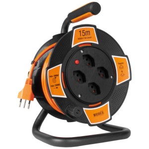 Enrouleur de câble Steffen avec 4 prises T13, câble de 15 m, protection thermique, noir et orange.