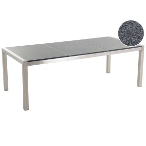 Tavolo da giardino Beliani Grosseto con piano in granito grigio e struttura in acciaio inox.