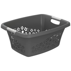 Cesto portabiancheria Rotho Flowers grigio, 25 l, con motivo floreale e manici.
