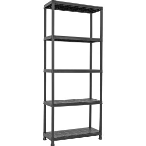 Étagère en plastique noire OBI S-75 avec 5 tablettes, 176x74x32 cm, idéale pour cave et garage.