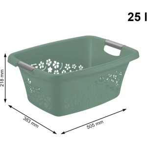Panier à linge Rotho Flowers Mistletoe Green 25 l en plastique, avec découpes florales et poignées.