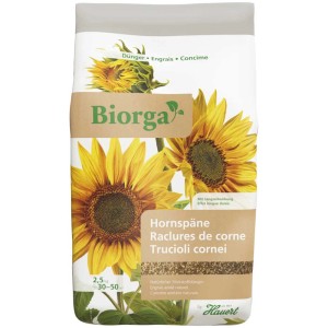 Hauert Biorga Hornspäne 2,5kg Sack mit Sonnenblumen, Bio-Dünger für gesundes Pflanzenwachstum.