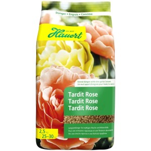 Paquet d'engrais pour rosiers Tardit Rose 2,5 kg de Hauert avec illustration de roses.