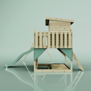 Torre gioco PolarPlay Nils con scivolo, altalena e casetta in legno, dettagli verde menta.