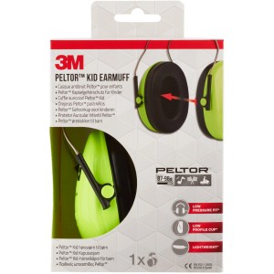 3M Peltor H510AK casque antibruit enfant, vert néon, dans son emballage.