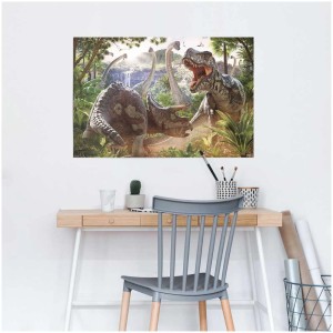 Maxi poster Dinosaur Battle (61x91,5 cm) avec des dinosaures se battant devant une cascade.