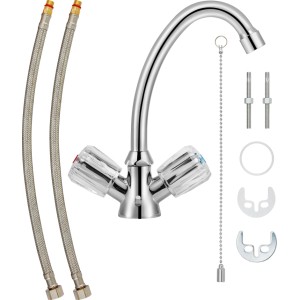 Miscelatore lavabo a due maniglie Ledro cromato con tubi di collegamento e materiale di montaggio.