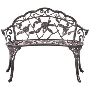 Banc de jardin Piura en aluminium marron foncé avec décorations florales et roses rustiques. Pour extérieur.