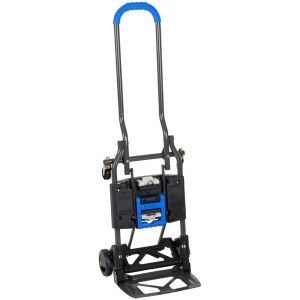 Cosco 2in1 carrello/transpallet pieghevole con manico blu. Attrezzatura edile compatta per il trasporto.