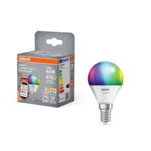 Lampadina Osram Matter E14 RGBW a goccia, 4,9W, 470lm, 9,2x4,7cm.