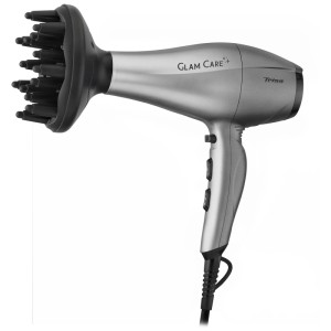 Sèche-cheveux Trisa Glam Care Argent avec diffuseur pour un coiffage doux.
