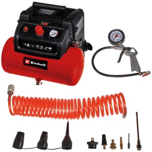 Einhell Compresseur TC-AC 190/6/8 OF Set avec accessoires comme gonfleur et tuyau spiralé.