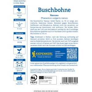 Confezione di semi di fagiolino nano Nassau Kiepenkerl con informazioni su semina, raccolto e caratteristiche.
