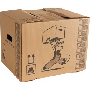 Carton de déménagement marron, 37 l, 41x31x30 cm, avec poignées et motif de bande dessinée.