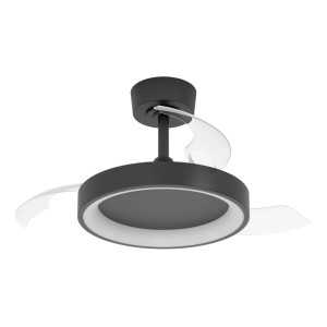 Ventilatore da soffitto LED Eglo Torreya nero con pale trasparenti e luce LED integrata.