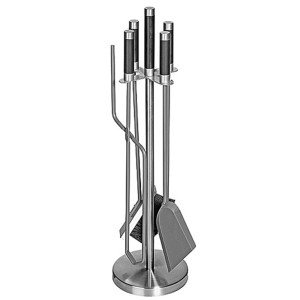 Set d'accessoires de cheminée OBI Colima, 5 pièces en acier inoxydable avec support, pelle, balayette, pince et tisonnier.