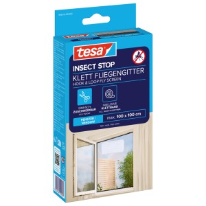 tesa Insect Stop moustiquaire à scratch pour fenêtre, emballage blanc avec exemple d'application.