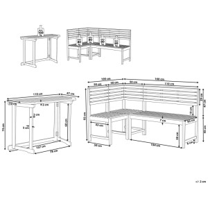 Schizzo: Set mobili da balcone Beliani Treia, 4 posti con tavolo in legno di acacia, dimensioni e dettagli.