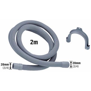 Tuyau de vidange gris de 2 m pour lave-linge et lave-vaisselle avec raccords de 20 mm et support.