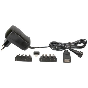 Alimentatore universale con 9 adattatori e cavo da 2 m per accessori audio.