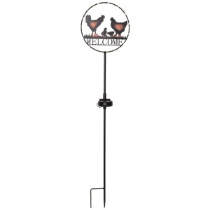 Schwarzer Solar-Gartenstecker mit Hühnerfamilie und Welcome-Schriftzug, 75cm hoch.