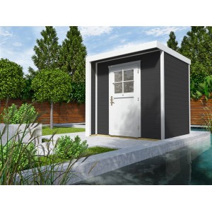 Moderna casetta da giardino in legno Weka antracite con tetto piatto e porta bianca in giardino.