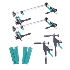 Set di montaggio telaio porta wolfcraft Pro 8 pz con 3 montanti, 2 morsetti e 4 cunei verdi per telai.