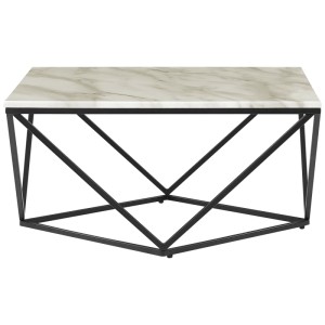 Table basse beige Malibu effet marbre avec structure en métal noir, 80x80 cm.