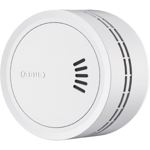 Détecteur de fumée Abus Prefira Mini blanc et rond avec fentes d'aération et logo. Protection incendie compacte.