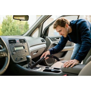Uomo pulisce interni auto con aspirapolvere Bosch. Aspiratore solidi-liquidi per pulizia profonda auto.