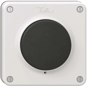 Pulsante bianco Feller Nevo A/R IP55 per montaggio superficiale, robusto e affidabile.