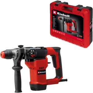Marteau perforateur Einhell TC-RH 28 3F en coffret : Marteau rouge avec poignée auxiliaire et butée de profondeur.