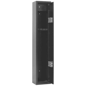 Armoire à fusils noire ouverte pour 4 armes longues avec compartiment intérieur séparé.