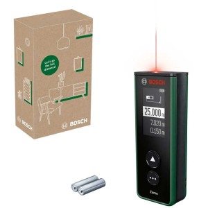 Bosch Zamo Laser-Entfernungsmesser mit Verpackung und Batterien für präzise Messungen.
