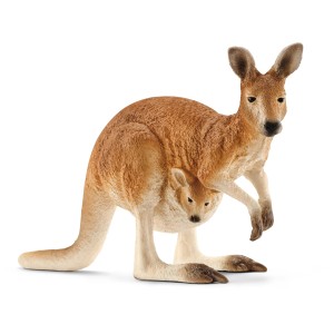 Figurine détaillée de kangourou Schleich avec son petit dans la poche, de l'univers Wild Life.
