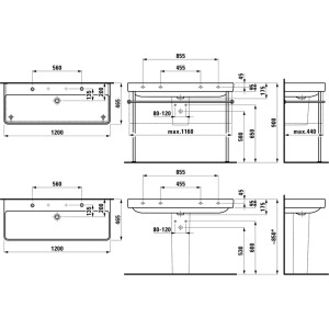 Schéma technique : Double vasque Laufen Pro S, 120x46 cm, dimensions et vues.