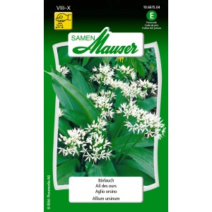 Bärlauch Samenpackung mit blühenden Pflanzen. Gemüsesamen für den Garten.
