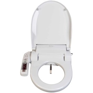 Sedile WC bidet Blooming NB-1160D bianco con pannello di controllo e coperchio aperto.