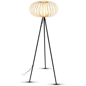 Lampadaire Briloner en bambou, hauteur 153 cm, avec pied trépied noir et abat-jour en bambou.