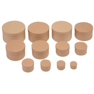 Scatole rotonde in cartone (Ø 160 mm) di diverse dimensioni, ideali per l'artigianato e la decorazione.