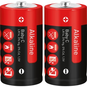 Due batterie Alkaline Baby C (LR14) rosse in confezione doppia.