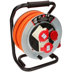 Enrouleur de câble en acier noir avec câble orange de 25 m, prises CEE16 et T25.