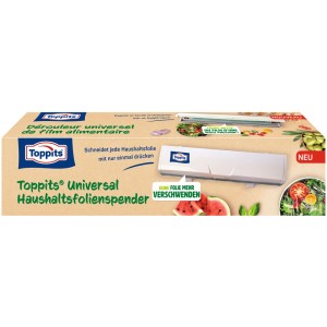Toppits Universal Haushaltsfolienspender im Karton, Küchenhelfer für einfaches Folienschneiden.