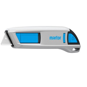 Coltello di sicurezza Martor Secunorm 500 con lama trapezoidale e cursore blu.
