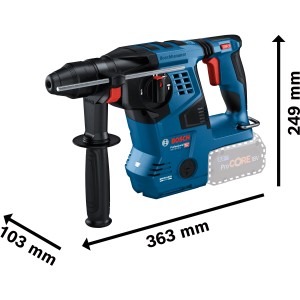 Bosch Professional Tassellatore a batteria GBH 18 V-28 C in L-Boxx, blu/nero, con impugnatura supplementare e batteria.