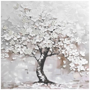 Quadro su tela dipinto a mano "Flowering Tree" 70x70 cm con fiori bianchi 3D su sfondo grigio.