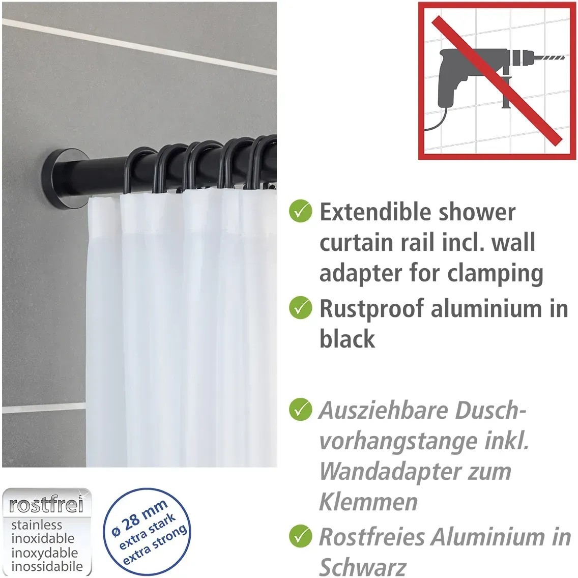 Asta per tenda da doccia color argento lucido 110 - 185 cm
