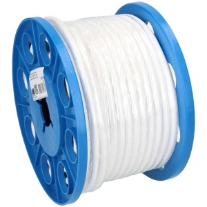 Câble textile blanc H05VV-F3G1.0 au mètre sur touret bleu.