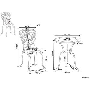 Dessin technique Beliani Ensemble Bistrot Triora/Dascio. Table ronde en métal avec trou parasol et deux chaises vintage, dimensions.